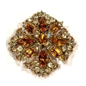 MALTESE CROSS VINTAGE 1.75" SQUARE CITRINE YELLOW AMBER RHINESTONE PIN BROOCH EU